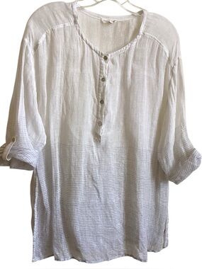 Eileen Fisher Cream Lightweight Linen Henley Blouse misses size L